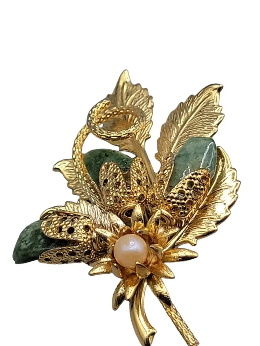 Gold Plated Jade Faux Pearl Flower Brooch Textured Leaves Detailed Design